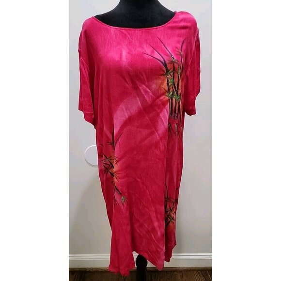 Vtg Tropical Batik Tank Dress Bright Hot Pink Hawaiian Flowy Beach Stretch OS - Picture 1 of 5